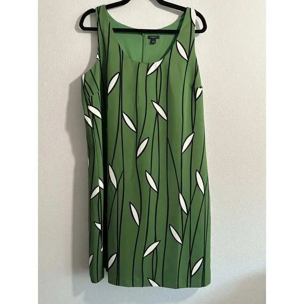 Ann Taylor Factory Green Leaf Vine Botanical Shift Dress Size 14 Sleeveless